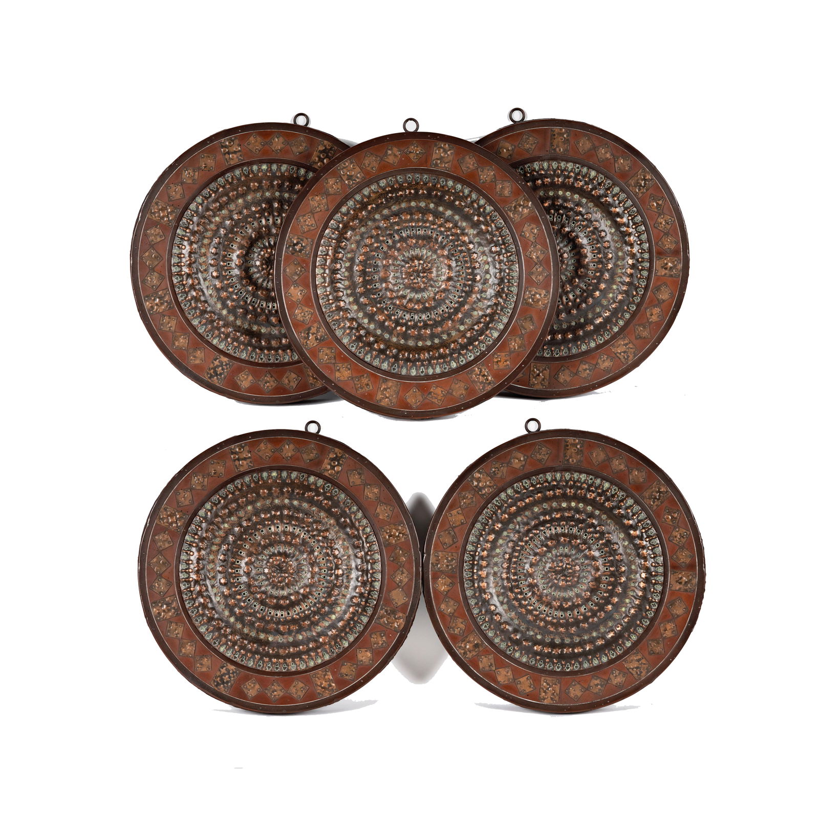 Five Replica Carlo Bugatti Wall Medallions: each a 20th Century replica, made of wood, and metal 20 3/4 x 19 3/4 in. (52.7 x 50.2 cm.)