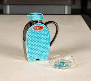 Bugatti Radiator Shaped Ceramic Pitcher and Glass Ashtray from Le Chanteclair