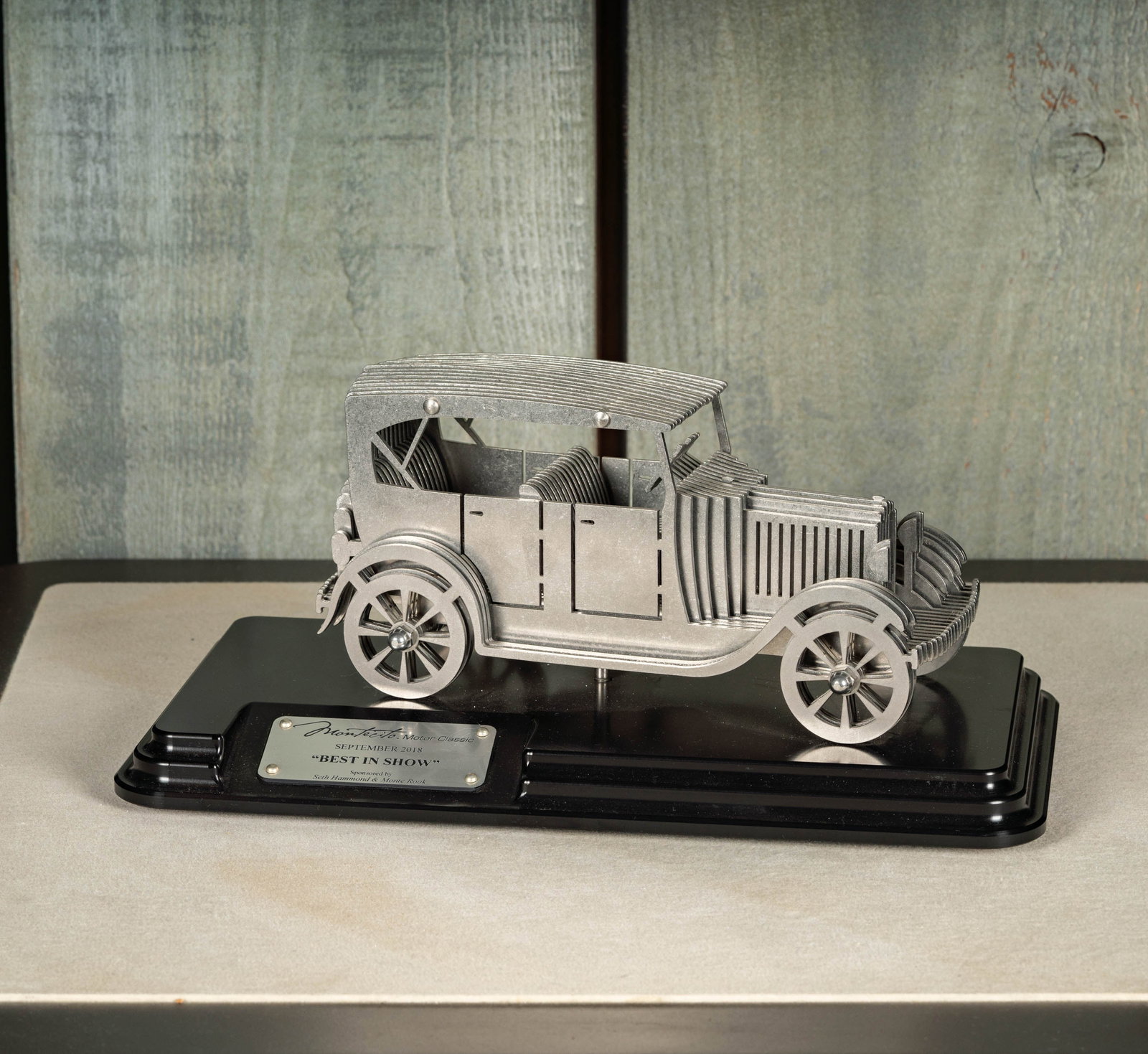 Montecito Motor Classic Best in Show Trophy: September 2018, Sponsored by Seth Hammond and Monte Rook Total: 6 x 14 x 7 in. (15.2 x 35.6 x 17.8 cm.)