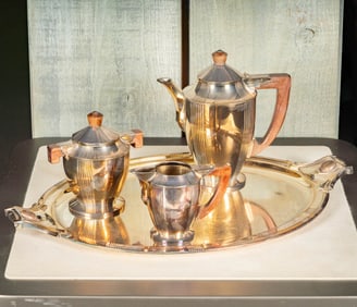 French Art Deco Silverplate and Wood Handle Tea Set