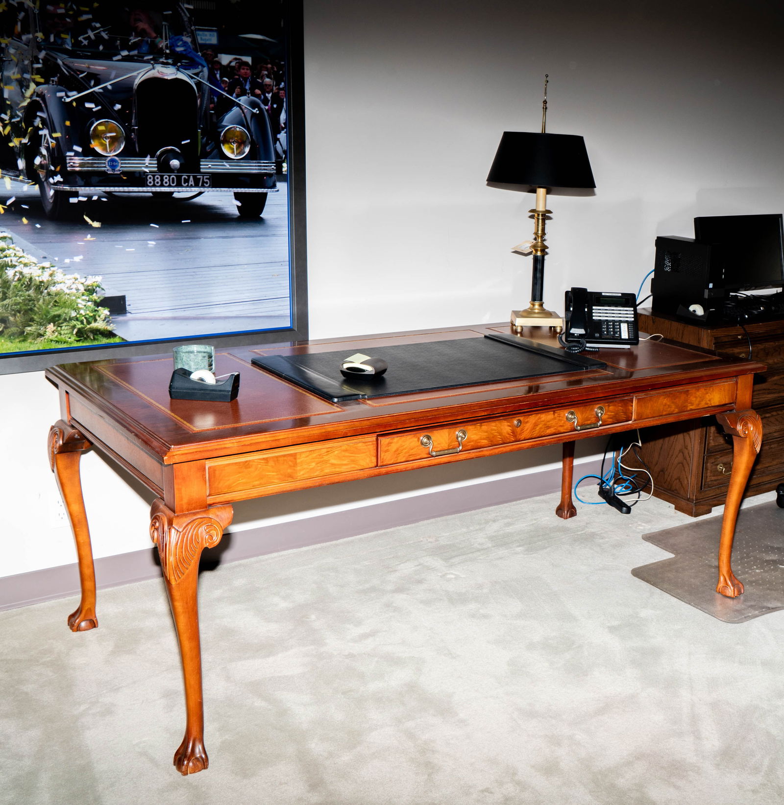 Kimball Ball and Claw Foot Writing Table: with central drawer on one side 29 1/2 x 72 x 36 in. (74.9 x 182.9 x 91.4 cm.)
