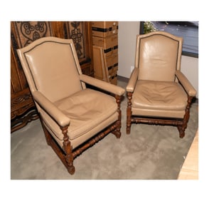 Pair of English Style Wood and Leather Armchairs