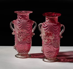 Pair of Red, White and Clear Floral Vases