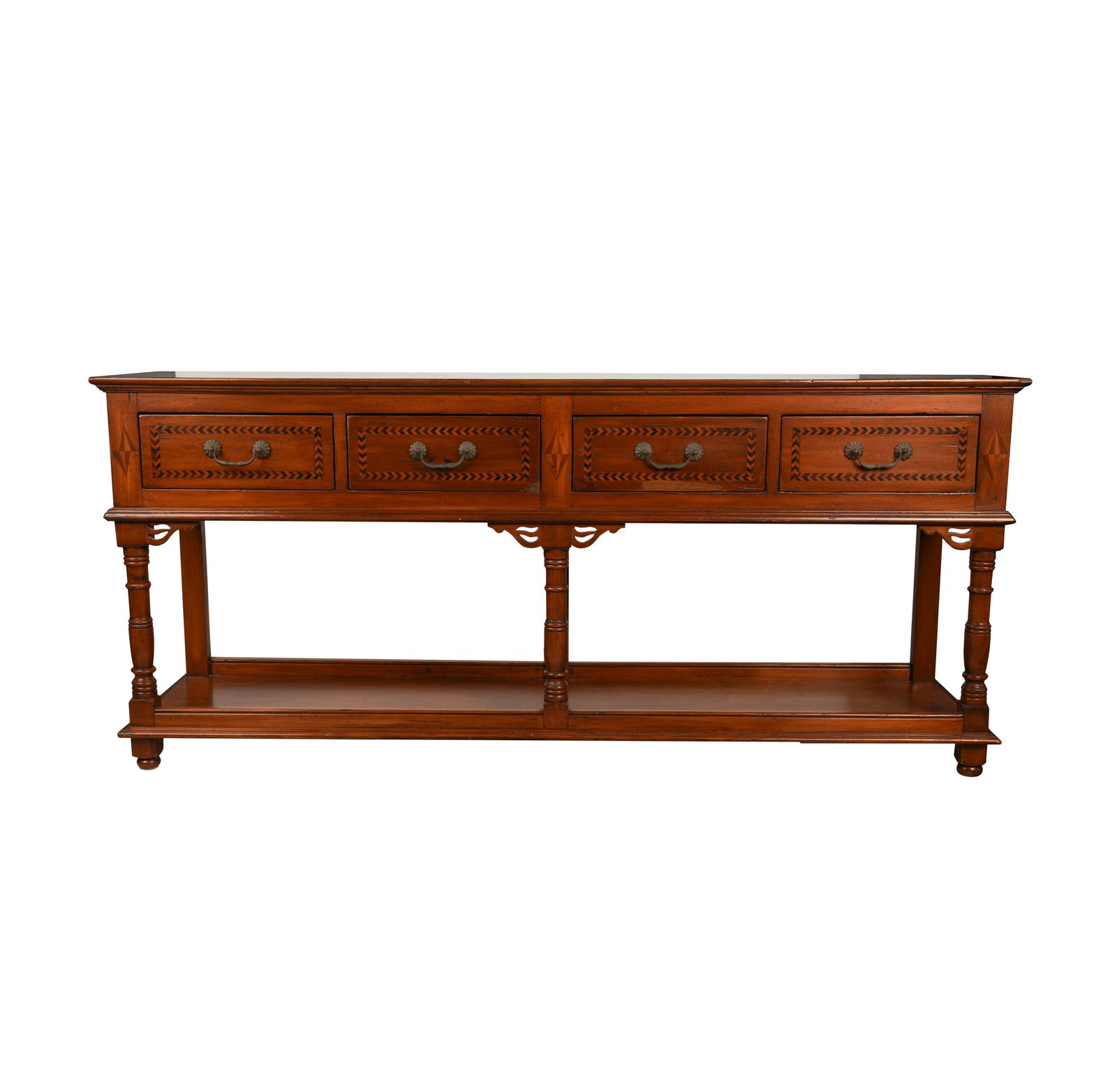 A Marquetry-Inlaid Sideboard: four marquetry inlaid drawers and open bottom 31 1/2 x 71 x 18 in. (80 x 180.3 x 45.7 cm.)