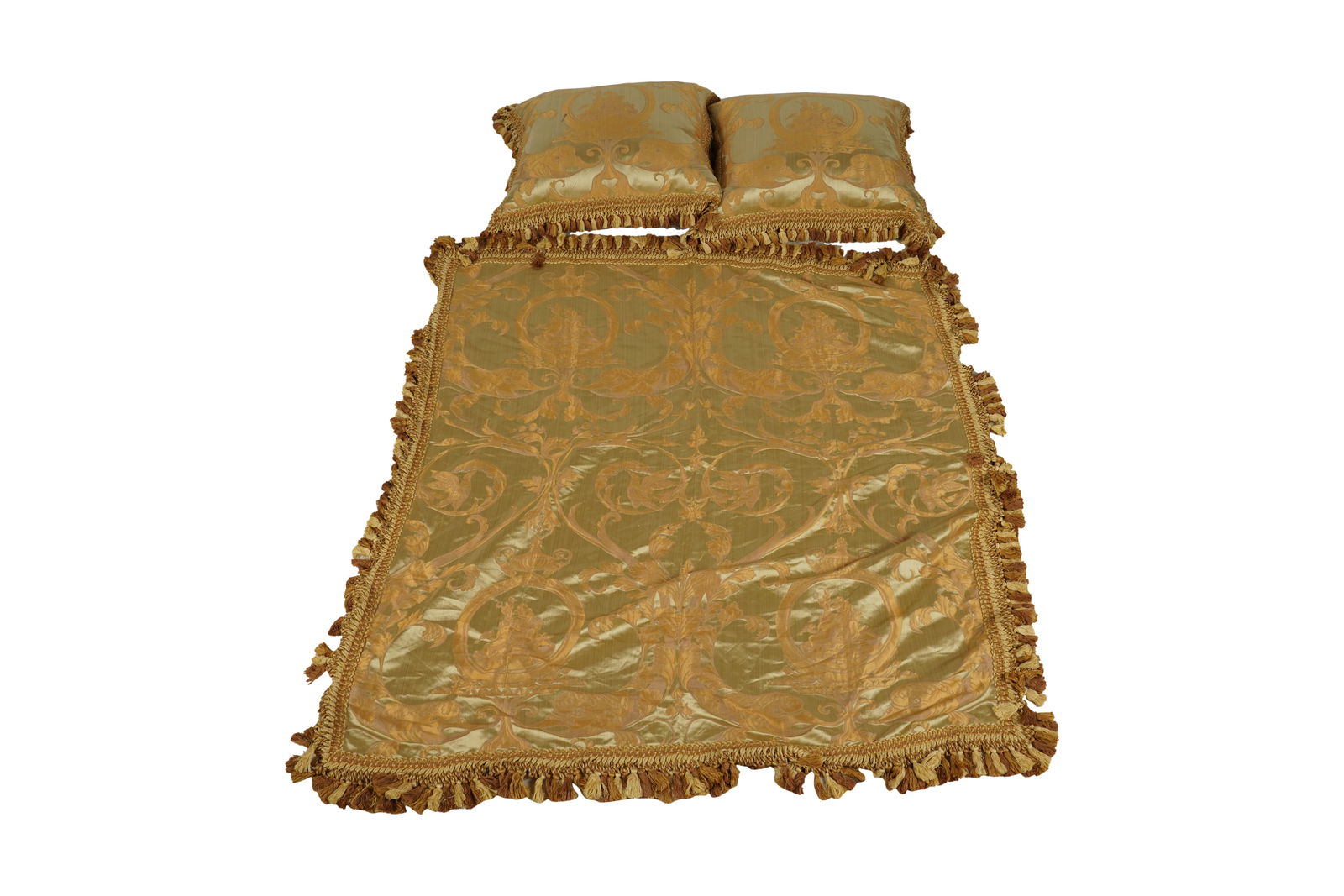 A Pair of Green and Gold Silk Cushions and a Coverlet: Pillows: 24 x 22 in. (61 x 55.9 cm.), Cover: 58 x 54 in. including trim