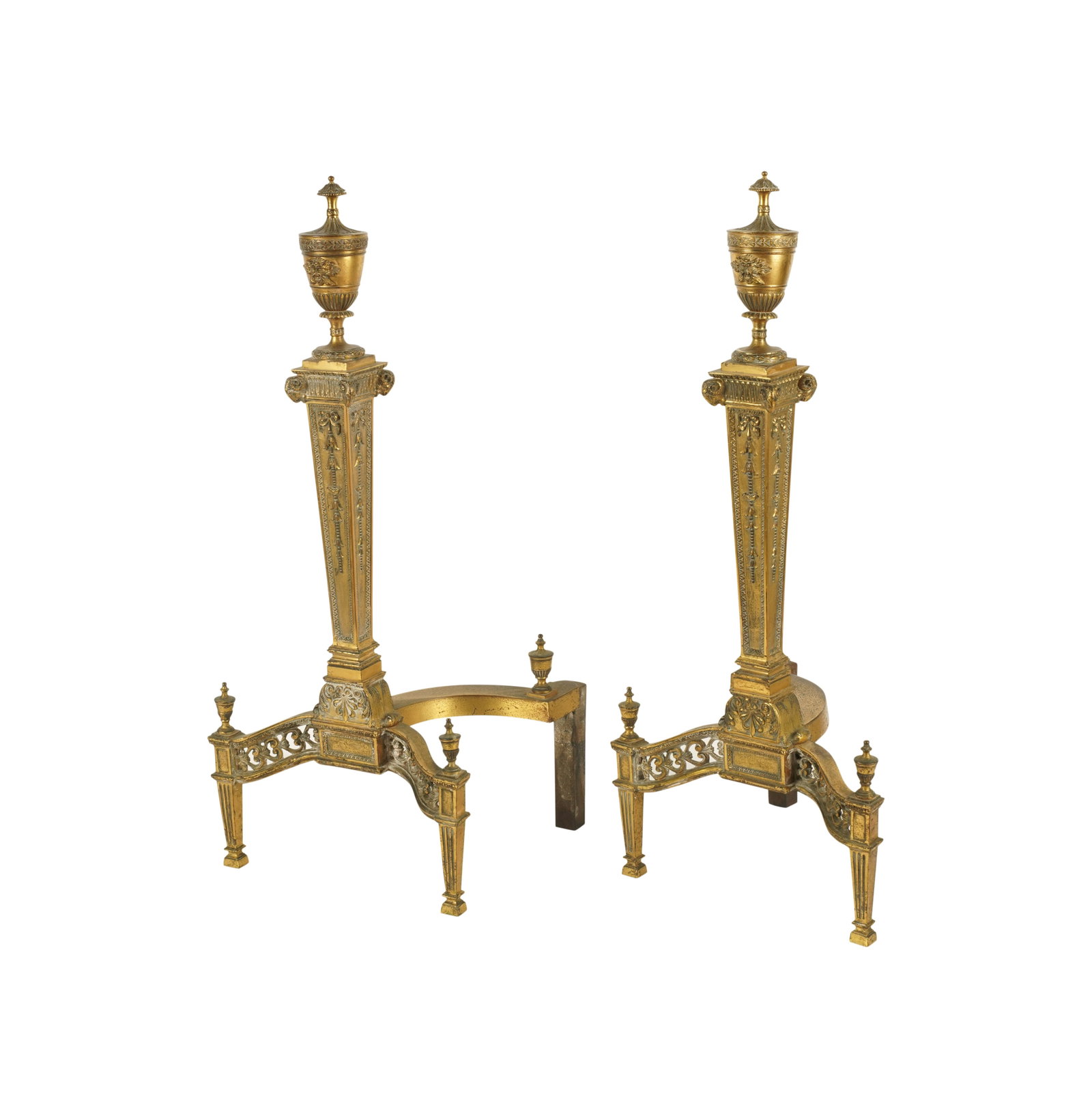 A Pair of Gilt Bronze Chenets: matched pair with urn form finials 25 1/2 x 10 1/2 x 10 in. (64.8 x 26.7 x 25.4 cm.) Provenance: The Estate of Larry King, Legendary Broadcaster and Iconic News Anchor