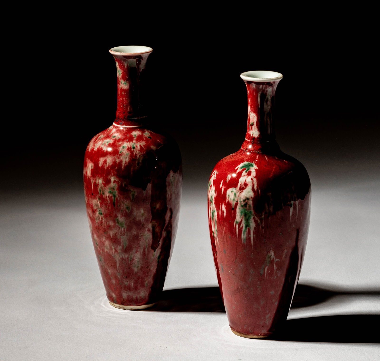 A Pair of Chinese Porcelain Amphora Vases: each with six character mark to underside 9 x 3 1/4 in. (22.9 x 8.3 cm.)