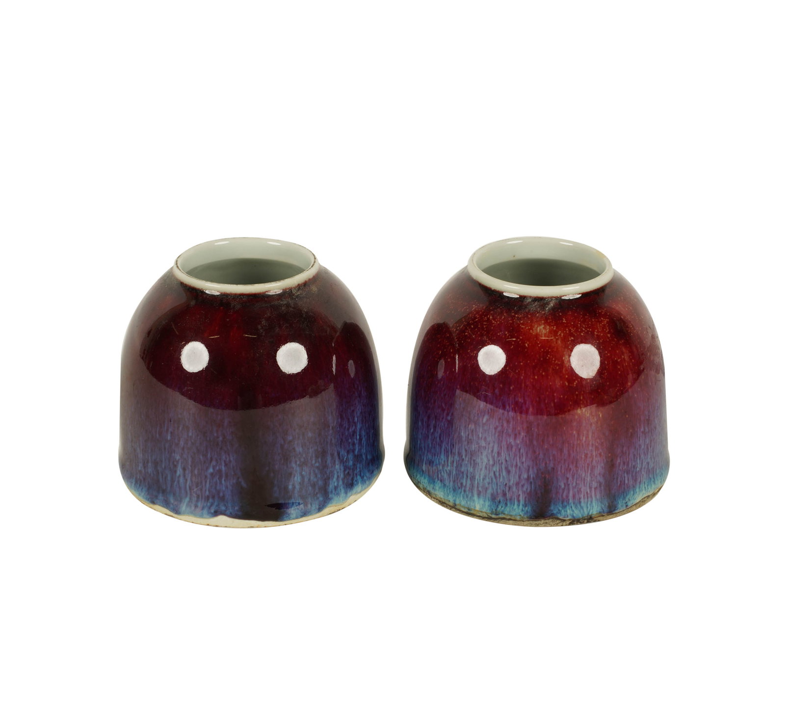 A Pair of Chinese Flambe Porcelain Water Pots: with blue character marks to undersides 3 1/4 x 4 x 4 in. (8.3 x 10.2 x 10.2 cm.)