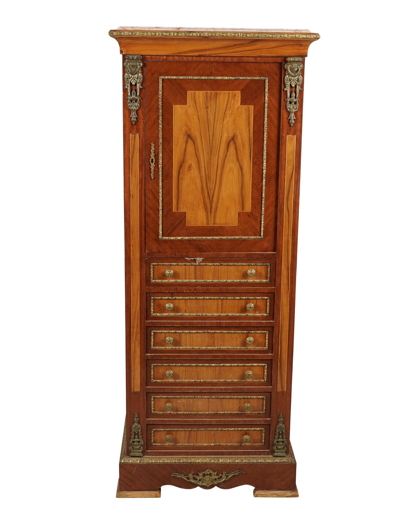 A French Inlaid Narrow Chest: mixed woods with metal ormolu; six pull-out drawers and one hinged drawer, marble insert 61 x 25 x 16 in. (154.9 x 63.5 x 40.6 cm.) Provenance: The Estate of Larry King, Legendary Broadcaster and Icon