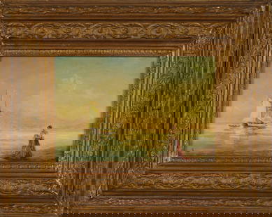 Russian School: Woman Looking Out to Sea: oil on board, signed "A" lower right (possibly for Ivan Konstantinovich Aivazovsky 1817-1911) Oil on Board: 5 3/4 x 8 in. (14.6 x 20.3 cm.), Framed: 10 1/4 x 13 in. (26 x 33 cm.)