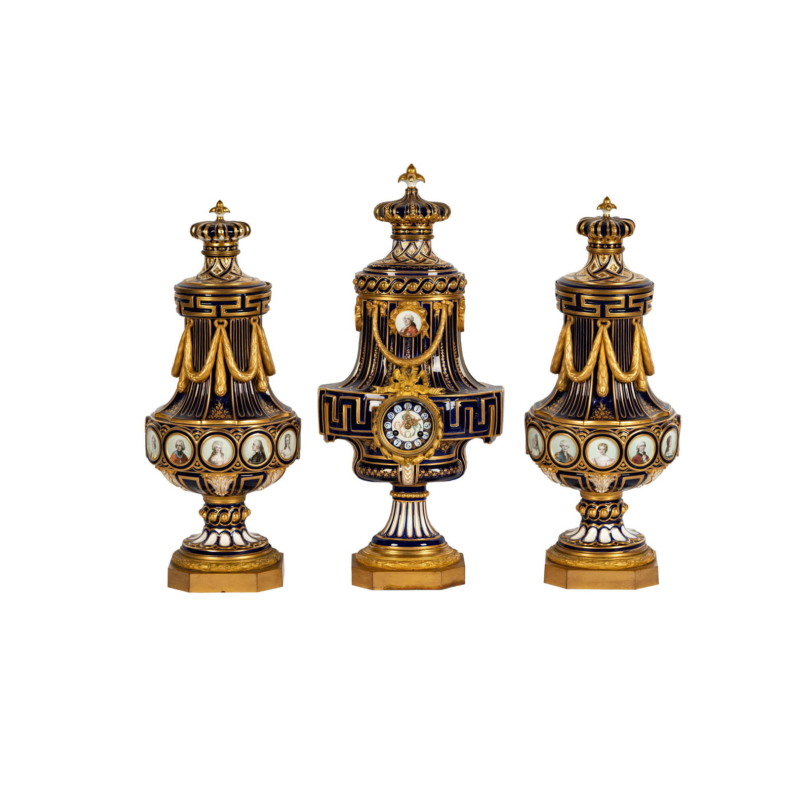 A Fine S?vres Jeweled Cobalt-Blue Ground & Ormolu-mounted Porcelain Three Piece Clock Garniture (1 of 20)