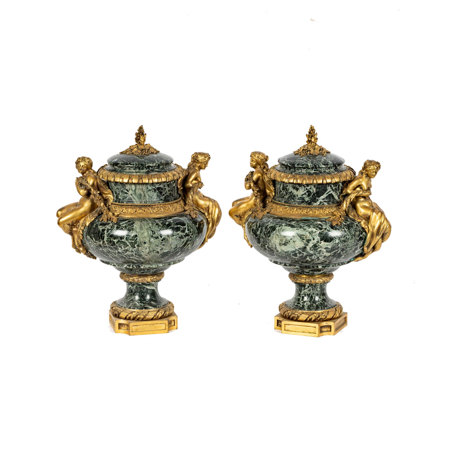 A Pair of Louis XVI-Style Gilt Bronze and Verde Antico Marble Urns and Covers (1 of 17)