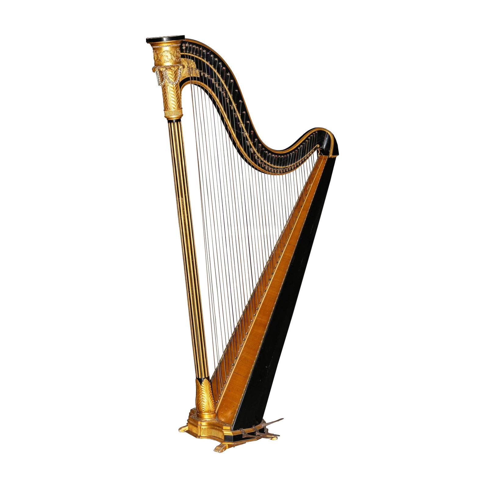 A French Ebonized and GIltwood Harp: with 41 strings and seven pedals; signed "Challiot a Paris" to top of soundboard 65 x 29 x 16 1/2 in. (165.1 x 73.7 x 41.9 cm.)