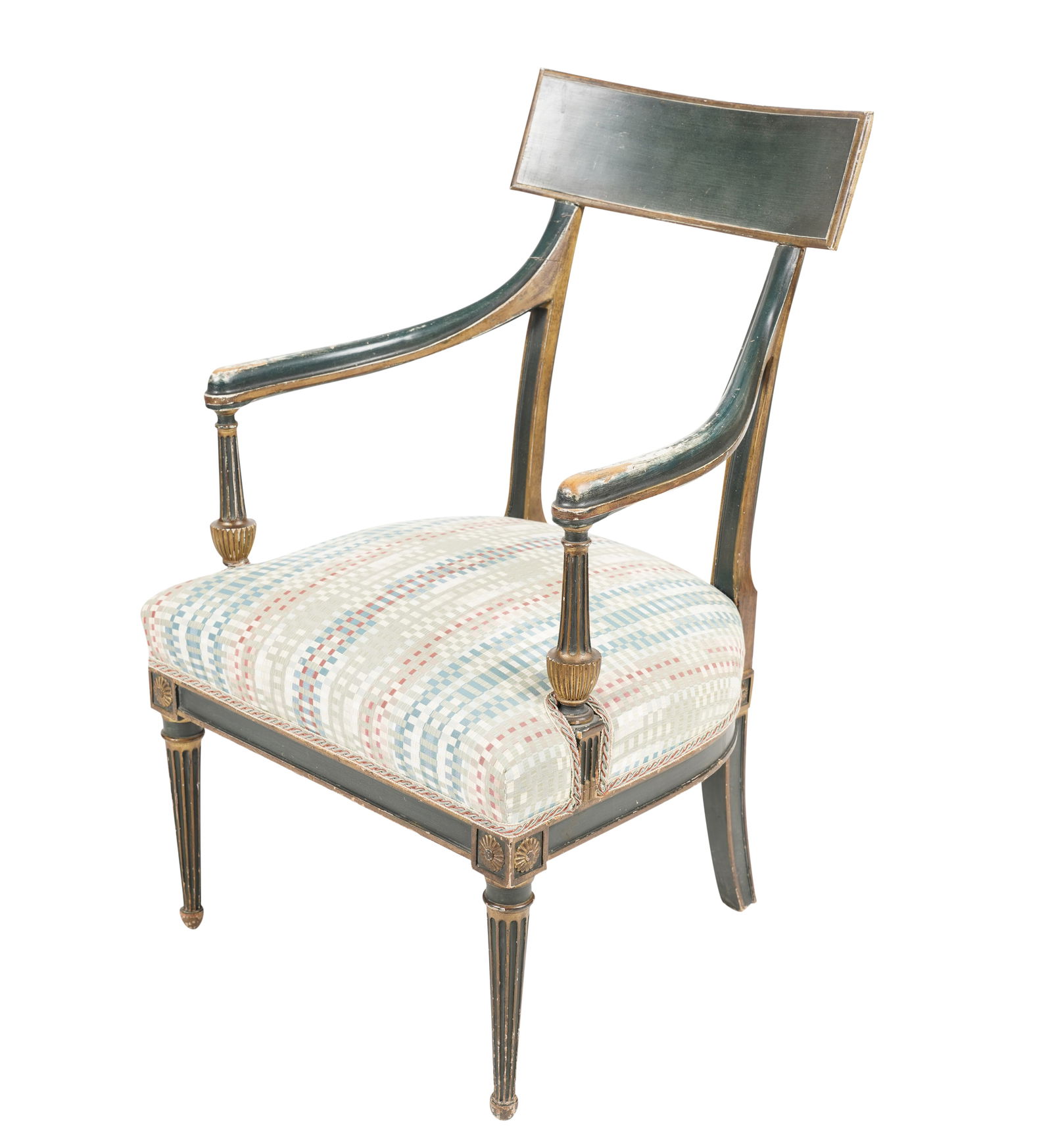 A Directoire Gilt and Green-Painted Open Armchair: early 19th century 34 x 21 1/2 x 19 in. (86.4 x 54.6 x 48.3 cm.), Seat height: 15 in. (38.1 cm.) Provenance: Property from the collection of George Doan, Philadelphia, PA. and Rancho Mirage, CA