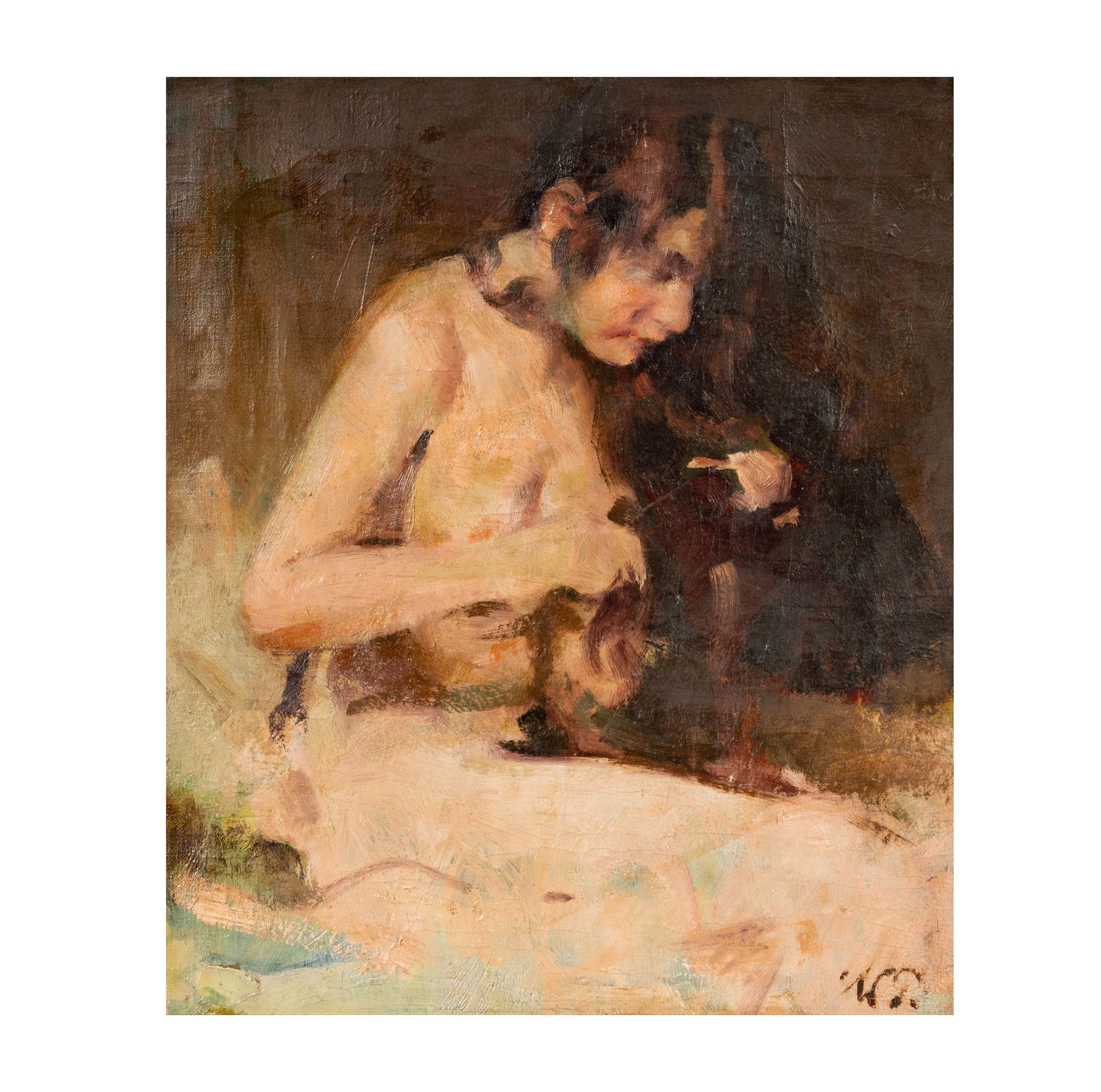 William Frederick Foster (1883-1953): Nude: William Frederick Foster New York, California, Ohio 1883-1953 Nude oil on canvas signed lower right, inscribed verso "This painting is the work of Will Foster A.M.A. / Burton Scott[?]" 15 x 13 1/4 in.