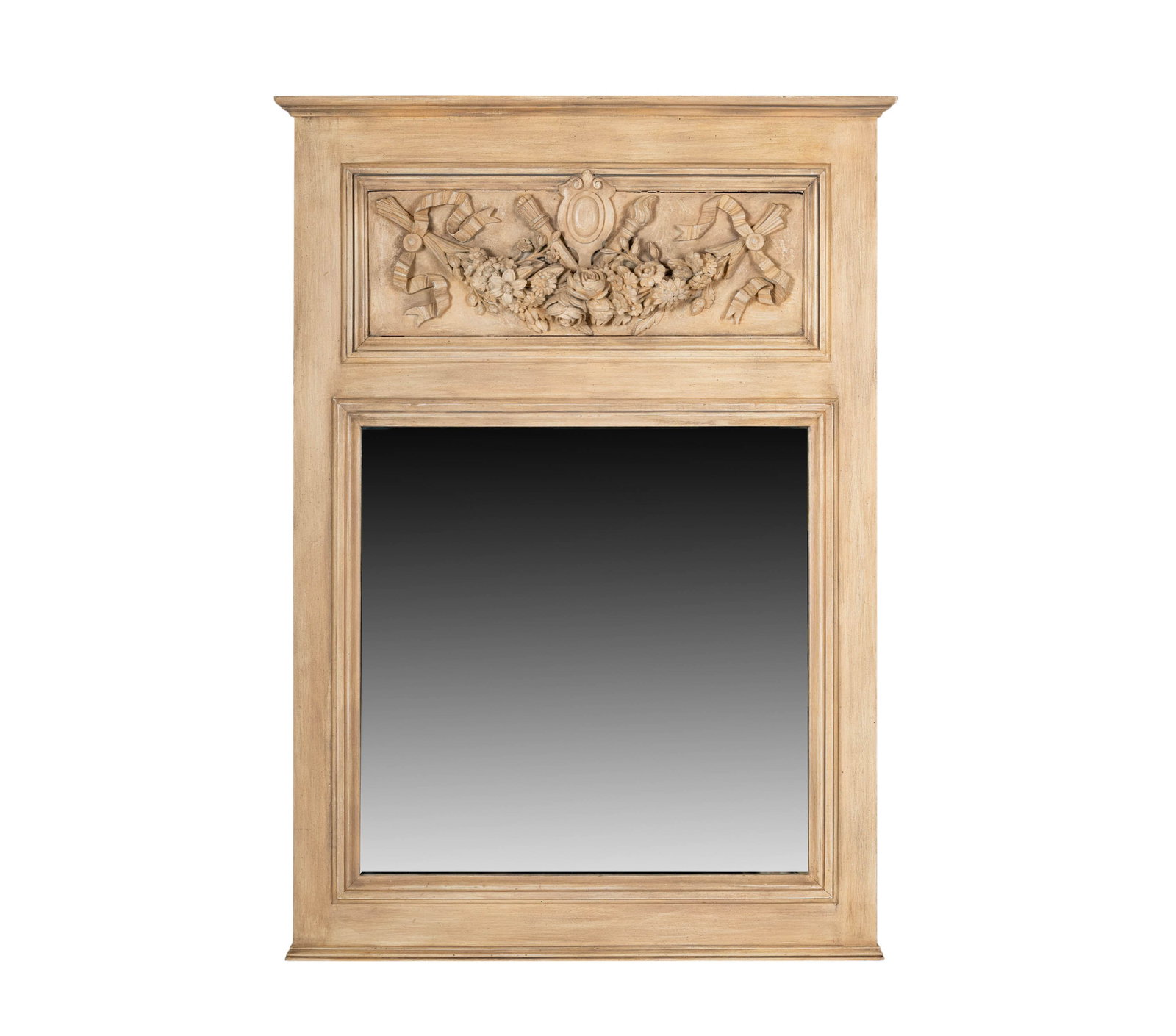A Trumeau Mirror Inset with a 19th Century Boiserie Panel: the frame and mirror plate modern 57 x 41 in. (144.8 x 104.1 cm.) Provenance: Property from the collection of George Doan, Philadelphia, PA. and Rancho Mirage, CA