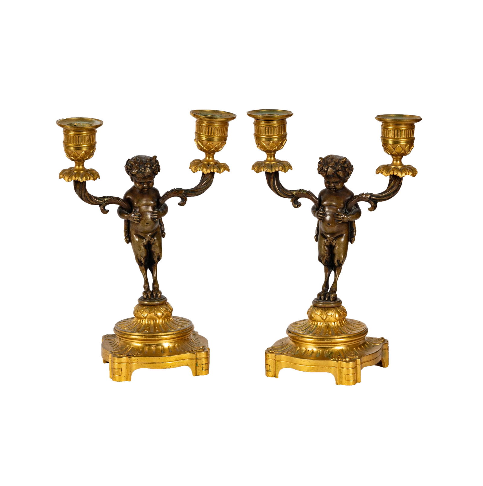 A Pair of Louis XVI-Style GIlt and Patinated Bronze Figural Two-Light Candelabra (1 of 12)