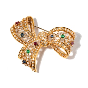 18 Karat Yellow Gold, Sapphire, Emerald, Ruby and Diamond Brooch