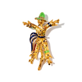 18 Karat Yellow Gold Enamel Scarecrow Brooch