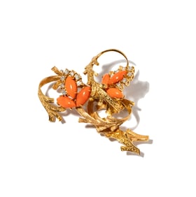 18 Karat Yellow Gold, Diamond and Coral Foliage Brooch