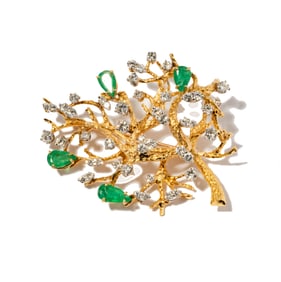 18 Karat Yellow Gold, Diamond, and Emerald Tree-form brooch