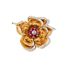 18 Karat Gold, Diamond and Ruby Flower Brooch