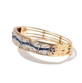 14 Karat Yellow Gold Diamond and Sapphire Hinged Bangle Bracelet