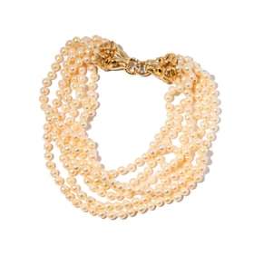 14 Karat Yellow Gold, Diamond, and Multi-Strand Pearl Necklace with Double Lion Clasp