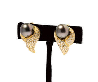 Pair of 18 Karat Yellow Gold Tahitian Pearl and Diamond Earrings
