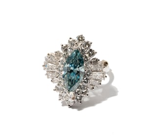 Platinum, Irradiated Blue Diamond and Diamond Ring