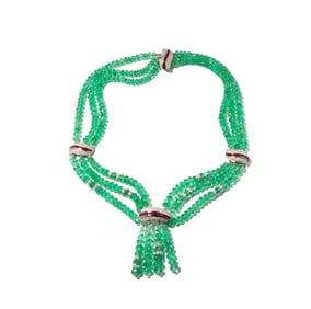 18 Karat White Gold, Emerald, Ruby and Diamond Tassel Necklace