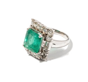 14 Karat White Gold, Diamond and Emerald Ring
