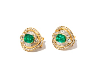 18 Karat Yellow Gold, Emerald and Diamond Earrings