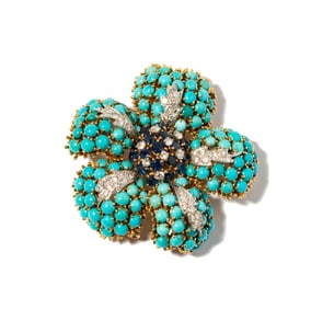 David Webb 18 Karat Yellow Gold and Platinum, Turquoise, Sapphire, and Diamond Flower Brooch