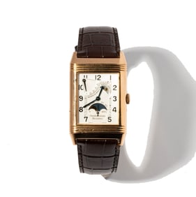 Jaeger-LeCoultre 18 Karat Yellow Gold Reverso Moon Phase Leather Watch