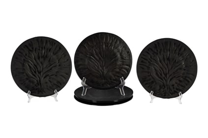 A Set of Six Lalique Algues Black Glass Plates