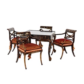 A Rose Tarlow Chinoiserie Lacquered Games Table and Four Armchairs