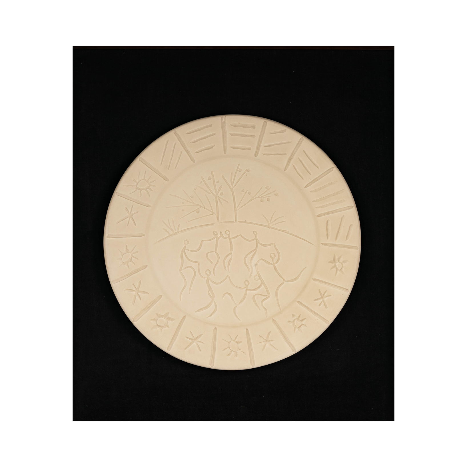 Pablo Picasso (1881-1973): Joie de Vivre: Pablo Picasso Spanish 1881-1973 Joie de Vivre (A.R. 346) white earthenware ceramic plate conceived in 1956 and executed in an edition of 100; impressed and numbered "Madoura Plein Feu", "Empreinte Ori