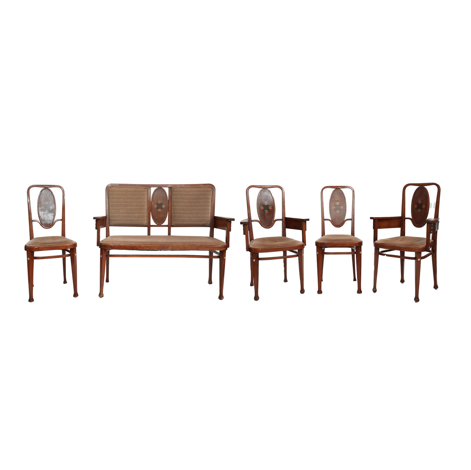 Marcel Kammerer (1878-1959): Salon Suite Model 414: Thonet, Austria; beech, mahogany, nickel-plated brass; signed; comprising a settee (38 1/2 x 47 x 20 in.), two armchairs (38 1/2 x 23 1/2 x 18 1/2 in.), and two side chairs (38 x 16 1/2 x 17 in.); Sea