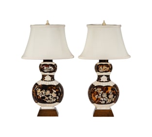 A Pair of Faux Tortoise and Mother of Pearl Table Lamps