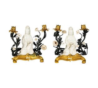 A Pair of Gilt Bronze and Chinese Blanc De Chine Porcelain Candelabra