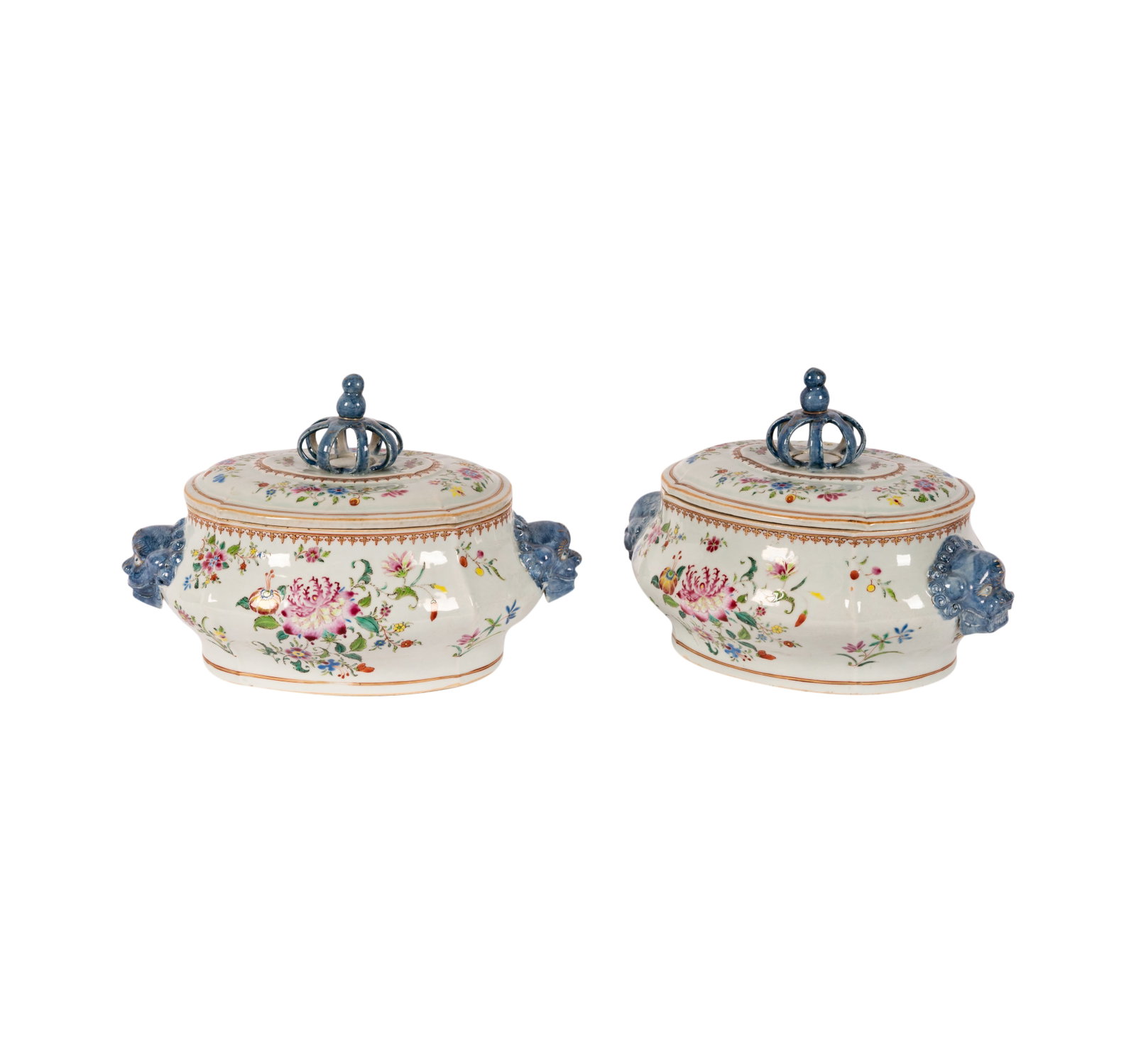 A Pair of Qianlong Famille Rose Porcelain Tureens: c. 1770; unmarked Each: 8 1/2 x 12 x 9 in. (21.6 x 30.5 x 22.9 cm.) Provenance: Property from The Keck Estate