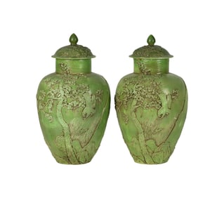 A Pair of Wang Bingrong Chinese Carved Porcelain Urns