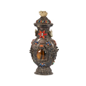 A Monogolian Silvered, Precious Stone, and Jade-Mounted Urn