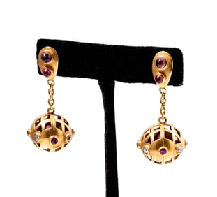A Pair of 14 Karat Yellow Gold, Diamond Ruby Earrings