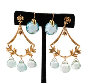 Two Pairs of 18 Karat Yellow Gold Blue Stone Earrings
