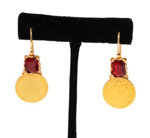 High Karat Gold Coin and Red Glass Earrings
