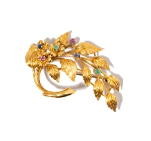 An Italian 18 Karat Yellow Gold Gem-set Foliage Brooch