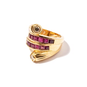 French 18 Karat Yellow Gold, Ruby, and Diamond Bypass Ring