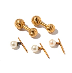 14 Karat Yellow Gold Cufflinks and Pearl Button Studs